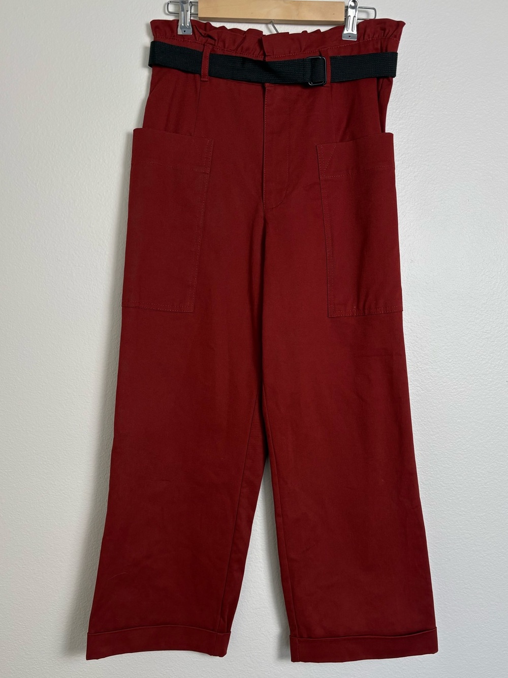 Zara Red Paperbag Waist Cargo Trousers with Black Web Belt Size Medium